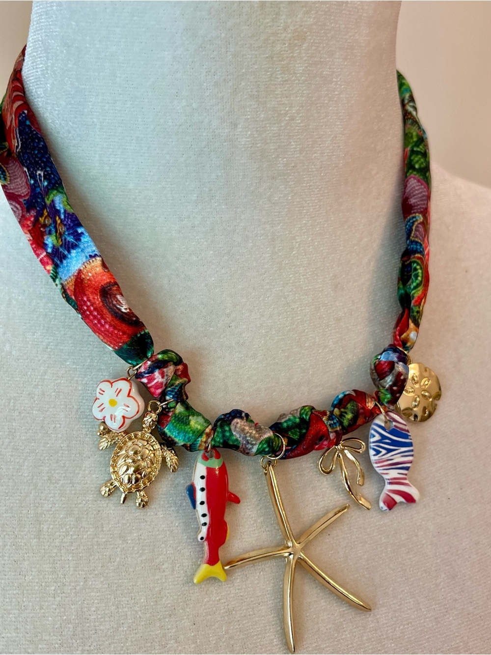 Colorful Tropical Charm Bandanna Necklace with Gold Starfish - Picture 3 of 8